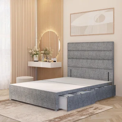 The Range Horizona Tweed Fabric Divan Bed Base with 54" Floor Standing Headboard - Grey / Superking / 2 Drawers
