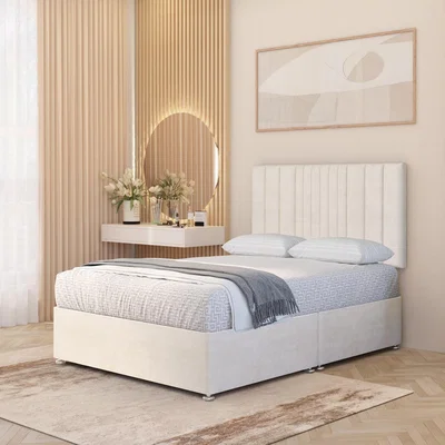The Range Arizona Plush Velvet Orthopaedic Divan Bed Set Hybrid Mattress and 32" Headboard - Ivory / King / No Drawers