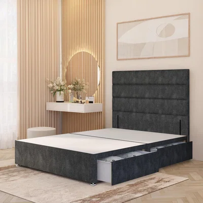 The Range Horizona Tweed Fabric Divan Bed Base with 54" Floor Standing Headboard - Charcoal / King / 2 Drawers
