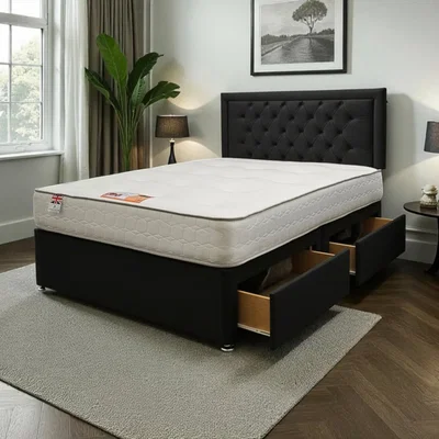 The Range Ellis Plush Bed Set With Mattress, 2 Drawers Same Side & 24"Headboard - Black / Double