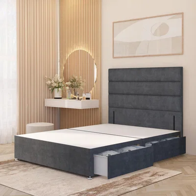 The Range Horizona Velvet Divan Bed Base with 54" Floor Standing Headboard and Drawers - Charcoal / Single / 2 Drawers