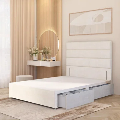 The Range Horizona Velvet Divan Bed Base with 54" Floor Standing Headboard and Drawers - Ivory / Single / 2 Drawers