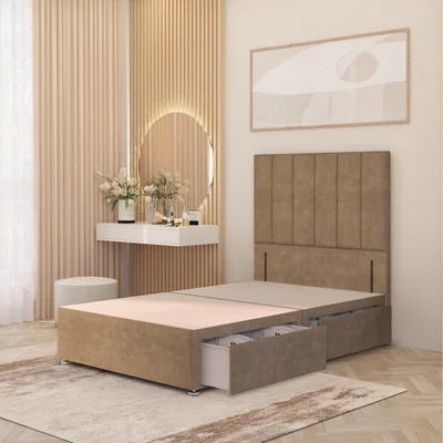 The Range Austin Velvet Divan Bed Base with 54" Floor Standing Headboard and Drawers - Beige / Small Single / 2 Drawers