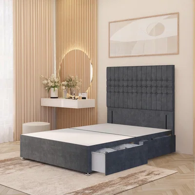 The Range Lexington Divan Bed Base with 54" Floor Standing Headboard Plush Velvet - Silver / King / 4 Drawers
