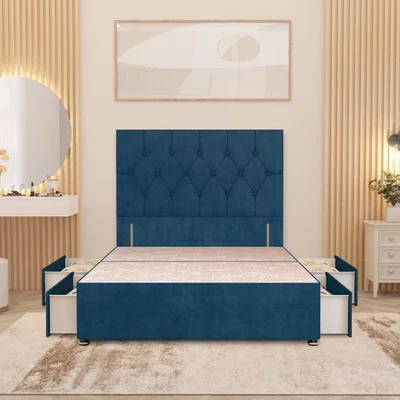 The Range Chesterfield Velvet Divan Bed Base with 54" Floor Standing Headboard and Drawers - Navy / 4 Drawers / Double