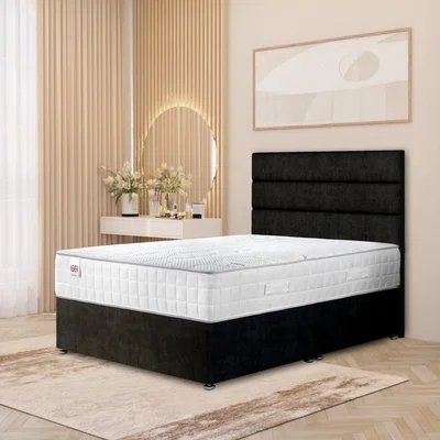 The Range Horizona Velvet Divan Bed Set Pocket Spring Mattress Floor Standing Headboard - Black /  0 / Small Single