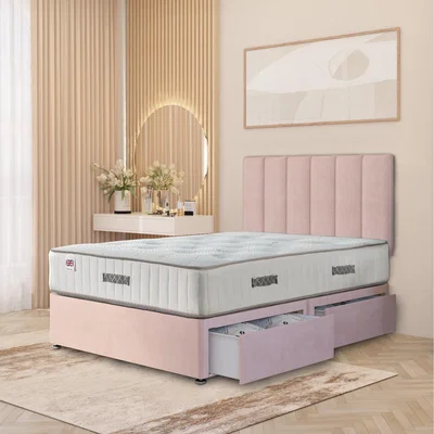 The Range Austin Plush Velvet Orthopaedic Divan Bed Set Hybrid Mattress and Headboard - Pink / Double / 2 Drawers