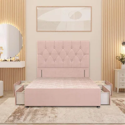 The Range Chesterfield Velvet Divan Bed Base with 54" Floor Standing Headboard and Drawers - Pink / Small Double / 4 Drawers