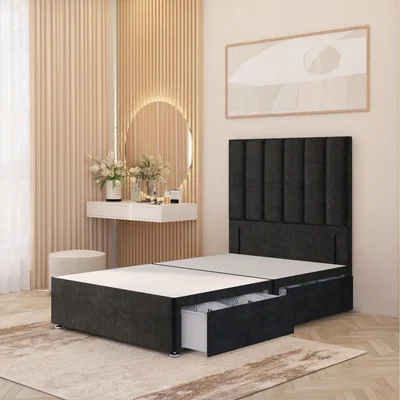 The Range Austin Velvet Divan Bed Base with 54" Floor Standing Headboard and Drawers - Black / King / 4 Drawers