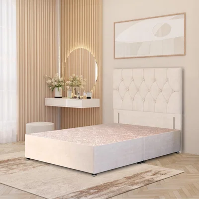 The Range Chesterfield Velvet Divan Bed Base with 54" Floor Standing Headboard and Drawers - Ivory / Small Double / No Drawers