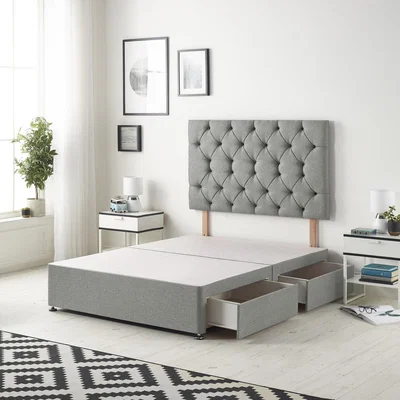 The Range Savoy Tweed Fabric Divan Bed Base with 32" Diamante Headboard and Drawers - Grey / Small Double / 4 Drawers
