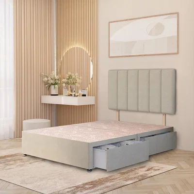 The Range Tweed Fabric Divan Bed Base with 32" Stripe Headboard and Storage Options - Natural / Single / 2 Drawers