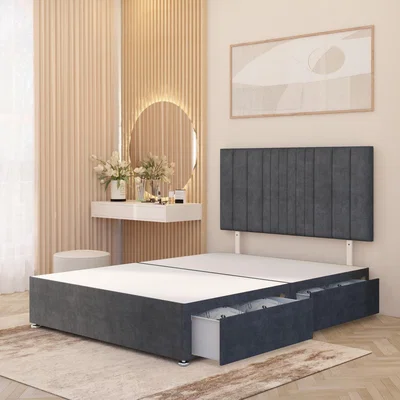 The Range Arizona Plush Velvet Divan Bed Base with Drawers and 32" Headboard - Charcoal / King / 4 Drawers
