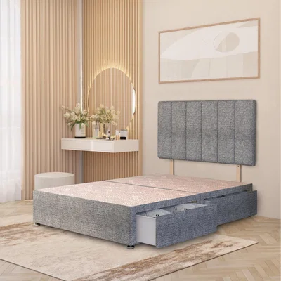 The Range Tweed Fabric Divan Bed Base with 32" Stripe Headboard and Storage Options - Grey / King / 4 Drawers