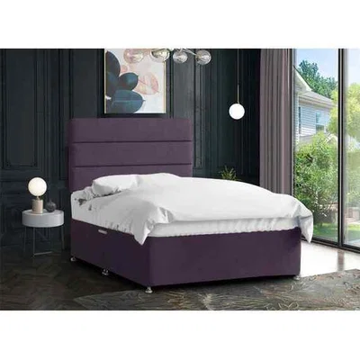 The Range Harmony Divan Bed Set Tall Headboard Mattress-Chenille, 2 Drawers Right Side - Purple / Double