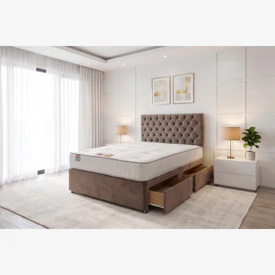 The Range Athens Plush Bed Set With Mattress, 2 Drawers Same Side And 24"Headboard - Mocca / Fabric / Double