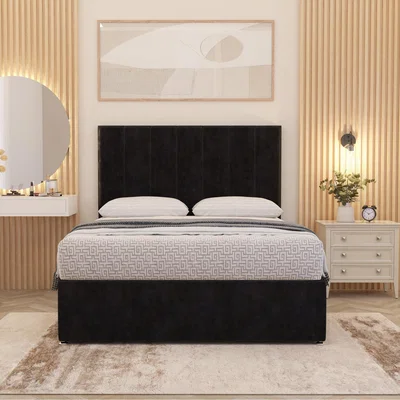 The Range Austin Plush Velvet Orthopaedic Divan Bed Set Hybrid Mattress and Headboard - Black / Small Double