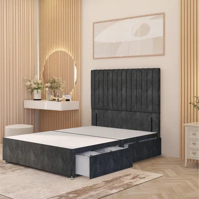 The Range Verona Divan Bed Base with 54" Floor Standing Headboard Tweed Fabric - Charcoal / Small Double / 2 Drawers