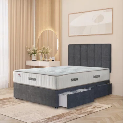 The Range Austin Plush Velvet Orthopaedic Divan Bed Set Hybrid Mattress and Headboard - Charcoal / King / 4 Drawers