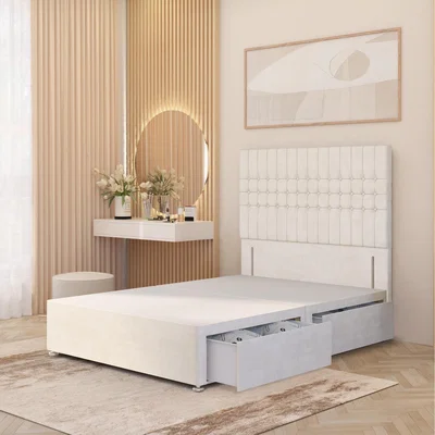 The Range Lexington Divan Bed Base with 54" Floor Standing Headboard Plush Velvet - Ivory / Small Single / 2 Drawers