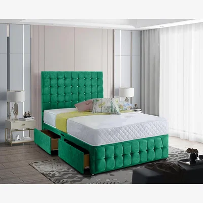 The Range Cloudrest Divan Bed 54 inch Headboard Diamante Buttons 2 Drawers Plush - Emerald