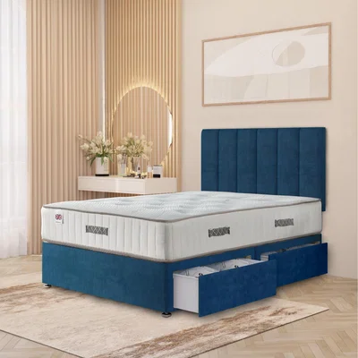 The Range Austin Plush Velvet Orthopaedic Divan Bed Set Hybrid Mattress and Headboard - Navy / King / 2 Drawers
