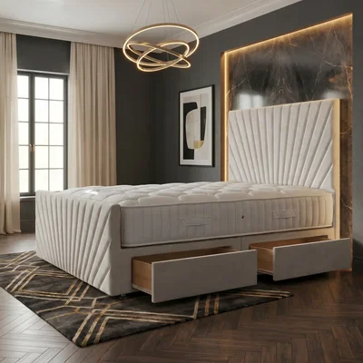 The Range Sunrise Velvet Divan Bed with Mattress 54" Headboard and 22" Footboard - White / 2 / King
