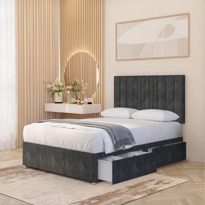 The Range Arizona Tweed Fabric Orthopaedic Divan Bed Set Hybrid Mattress and 32" Headboard - Charcoal / King / 4 Drawers