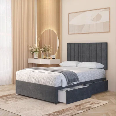 The Range Arizona Plush Velvet Orthopaedic Divan Bed Set Hybrid Mattress and 32" Headboard - Charcoal / Small Double / 2 Drawers