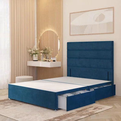 The Range Horizona Velvet Divan Bed Base with 54" Floor Standing Headboard and Drawers - Navy / Double / 4 Drawers