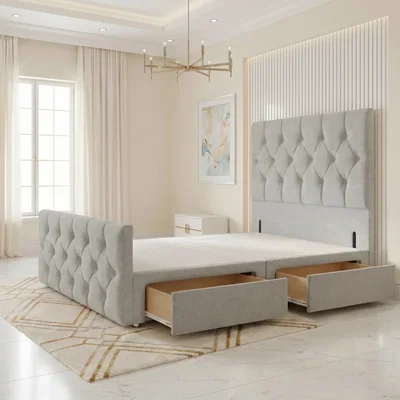 The Range Chesterfield Linen Divan Bed Base with 54" Floor Standing Headboard and 22" Footboard - Sage / 2 / Single