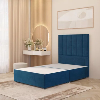 The Range Austin Velvet Divan Bed Base with 54" Floor Standing Headboard and Drawers - Navy / Small Single / No Drawers