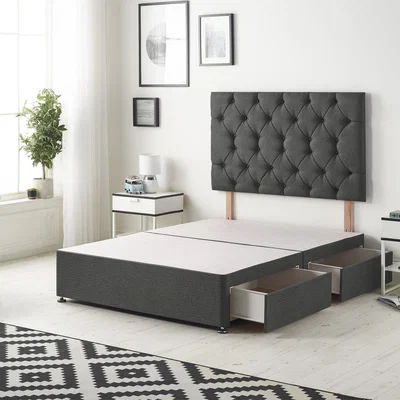The Range Savoy Tweed Fabric Divan Bed Base with 32" Diamante Headboard and Drawers - Charcoal / King / 4 Drawers