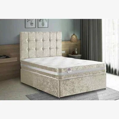 The Range Delia Divan Bed with Headboard Mattress-Chenille Fabric, 2 Drawers Left Side - Cream / Yellow / Superking / Super King