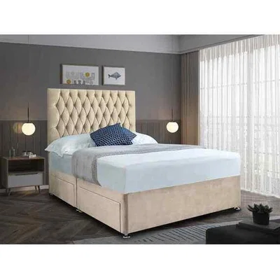 The Range Jemma Divan Bed with Headboard Mattress-Chenille Fabric, 2 Drawers Left Side - Cream / Yellow / Superking / Super King
