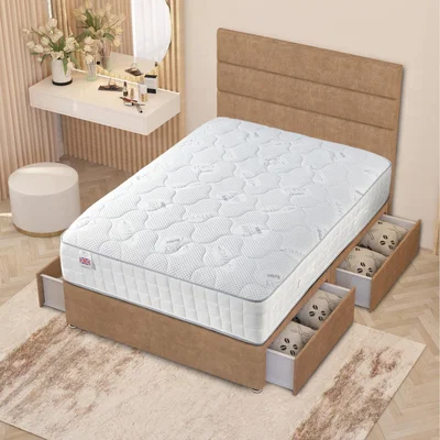 The Range Horizona Velvet Divan Bed Set Pocket Spring Mattress Floor Standing Headboard - Beige / Double / 4