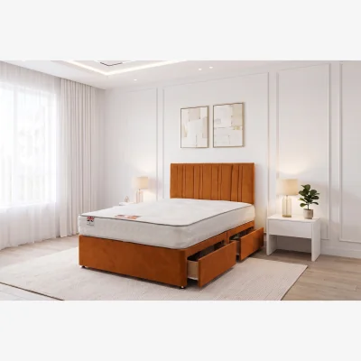 The Range SKY Plush Bed Set With Mattress, 2 Drawers Same Side & 24"Headboard - Orange / Super King