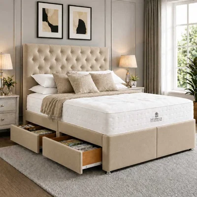 The Range Premium Divan Bed With Headboard And Storage Drawers - Beige / King