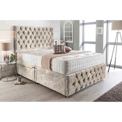 The Range Merina Divan Bed with Tall Headboard Mattress-Crushed, 2 Drawers Right Side - Cream / Yellow / Super King / Superking