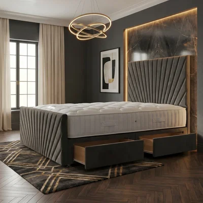 The Range Sunrise Velvet Divan Bed with Mattress 54" Headboard and 22" Footboard - Charcoal / 2 / Double