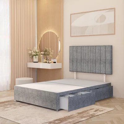 The Range Arizona Tweed Fabric Divan Bed Base with Drawers and 32" Headboard - Grey / King / 4 Drawers