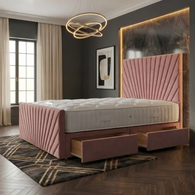 The Range Sunrise Velvet Divan Bed with Mattress 54" Headboard and 22" Footboard - Pink / 2 / Small Double