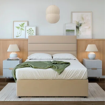 The Range Plush Velvet Divan Base With Storage And Lined Headboard - Colour Options - Natural / Super King