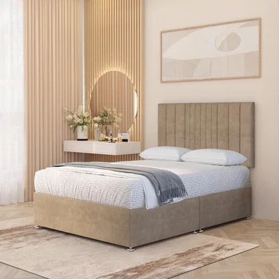 The Range Arizona Plush Velvet Orthopaedic Divan Bed Set Hybrid Mattress and 32" Headboard - Beige / Single / No Drawers