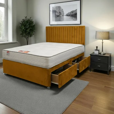 The Range Emily Plush Bed Set With Mattress, 2 Drawers Same Side  24"Headboard - Mustard / Small Single / 79cm