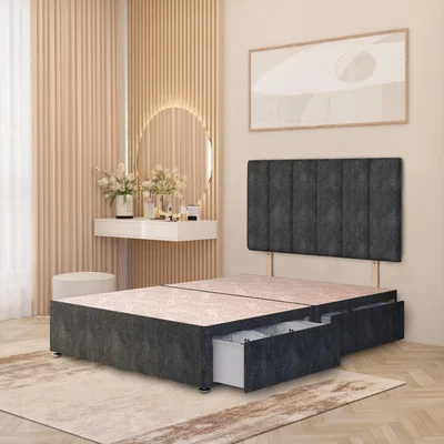 The Range Tweed Fabric Divan Bed Base with 32" Stripe Headboard and Storage Options - Charcoal / Small Double / 2 Drawers