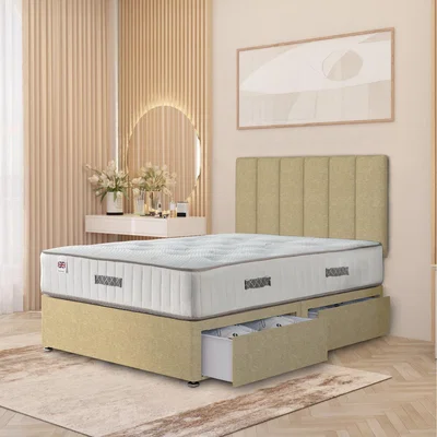 The Range Austin Linen Fabric Storage Divan Bed Hybrid Orthopaedic Mattress 32" Headboard - Beige / King / 2 Drawers