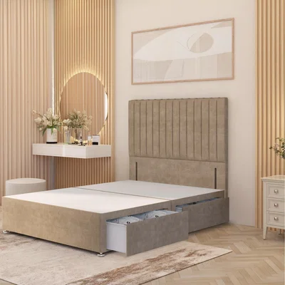 The Range Verona Divan Bed Base with 54" Floor Standing Headboard Plush Velvet - Beige / King / 4 Drawers