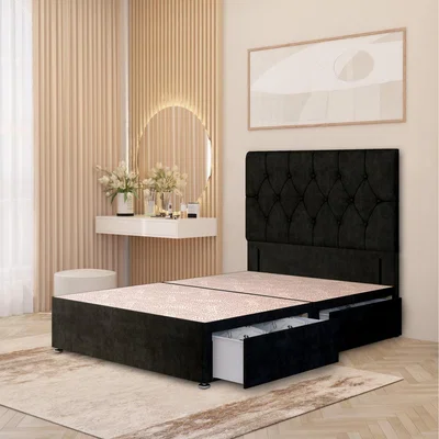 The Range Chesterfield Velvet Divan Bed Base with 54" Floor Standing Headboard and Drawers - Black / Small Single / 2 Drawers