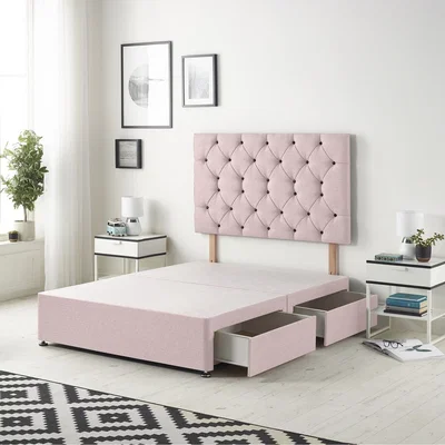 The Range Savoy Velvet Divan Bed Base with 32" Diamante Headboard and Drawers - Pink / Small Double / 55kg